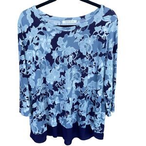 Rose & Olive Blouse Womens Extra Large Blue‎ Floral Chiffon Trim Stretch